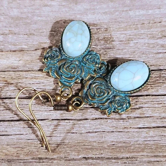 Bronze Rose Flowers Turquoise Blue Stone Dangle Earrings - Picture 2 of 8